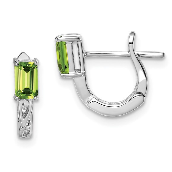 Sterling Silver Rhodium Plated Peridot August Birthstone Hinged Hoop Earrings - Picture 1 of 4